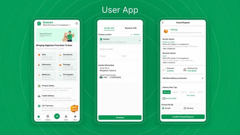OraMart buyer app home, cart and checkout screens